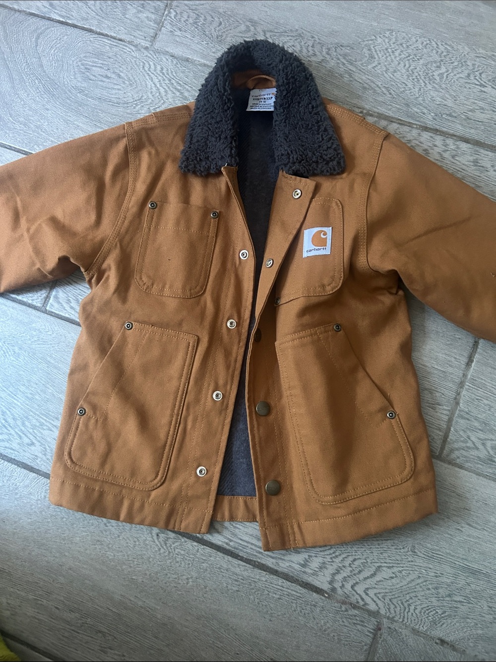 Carhartt young kid Brown Duck Work Jacket with Black Sherpa Collar